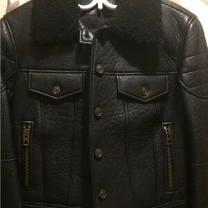 Coach Black Leather Bomber Jacket with Shearling Collar